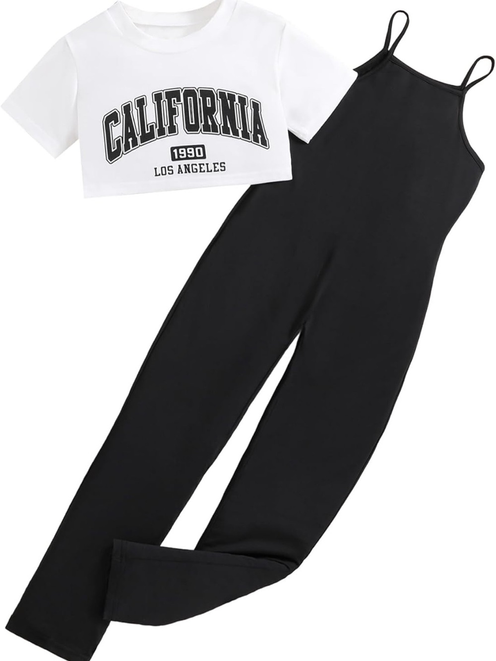 Black Spaghetti-Strap Jumpsuit with White 'California' Crop Top very soft